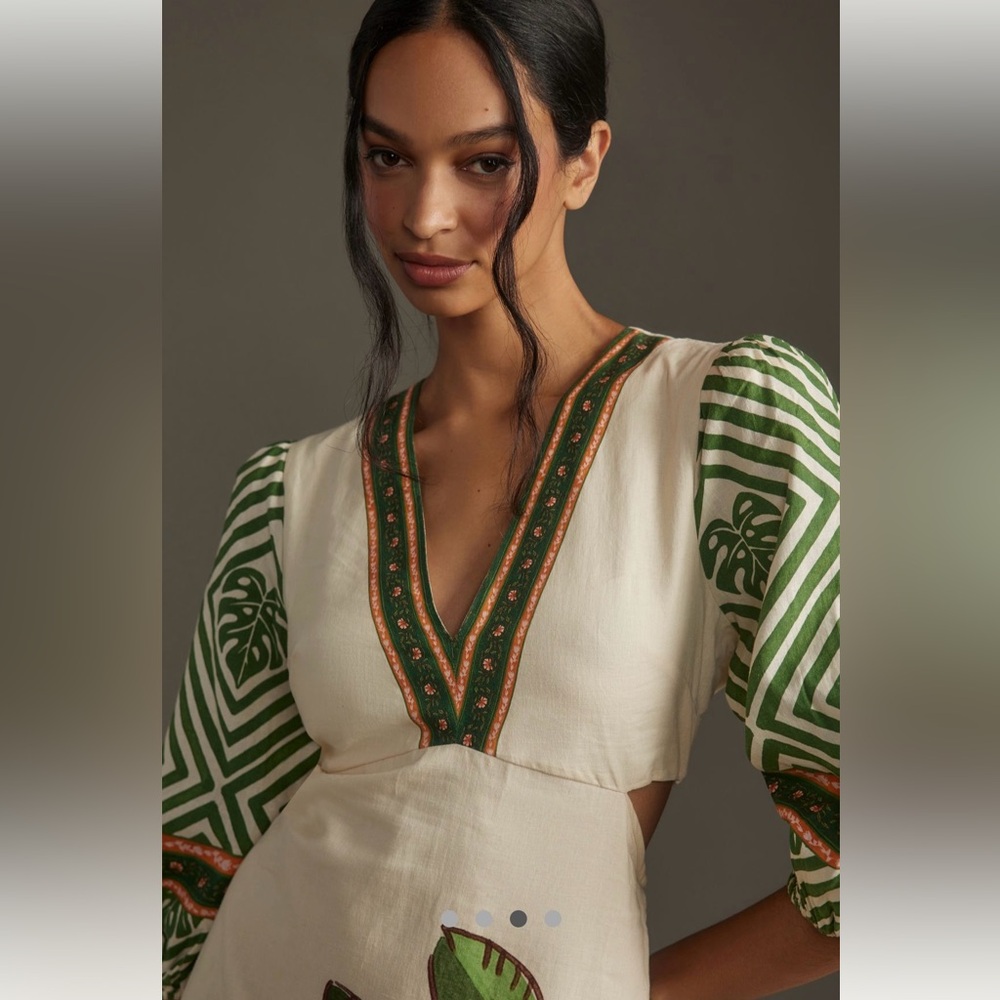 FARM Rio V-Neck Midi Dress with Green and White Palm Design